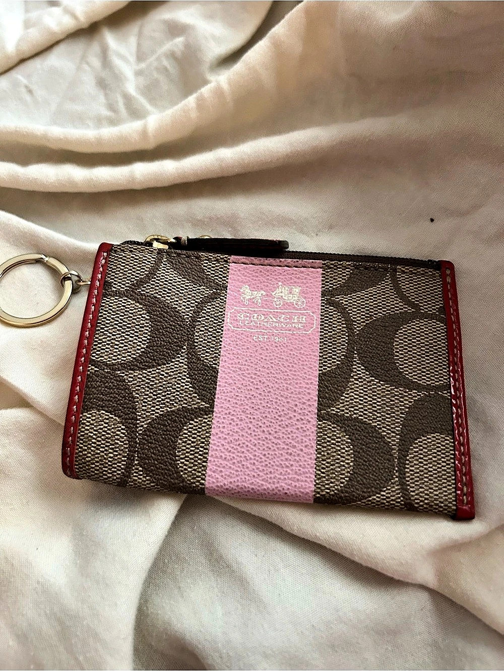 Coach Signature Stripe Mini Skinny ID Case Brown & Pink